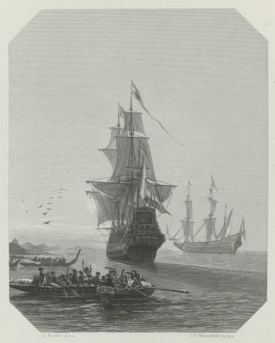 アベル・タスマンのニュージーランド到着、1642～1643年、1865年頃 作： Johannes Heinrich Maria Hubert Rennefeld