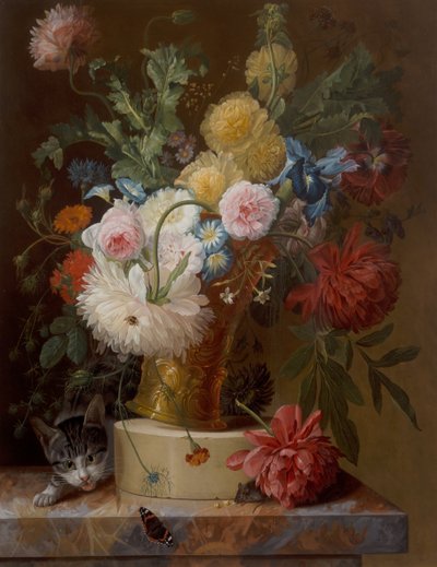猫と高台の花の静物 作： Johannes Hendrick Fredriks