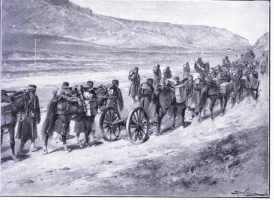 イチョンに向かう途中の野砲の砲台、挿絵、カッセル、日露戦争の歴史Vol 1、c.1900 作： Johannes Hermann Barend Koekkoek
