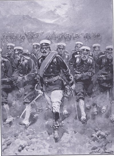 日本の歩兵の担当、イラスト「日露戦争のカッセルの歴史」第1巻、1900年 作： Johannes Hermann Barend Koekkoek