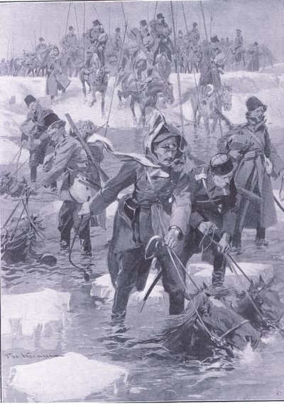 馬術の偉業。川を渡るロシアの騎兵、カッセルの日露戦争の歴史第1巻、1900年頃のイラスト 作： Johannes Hermann Barend Koekkoek