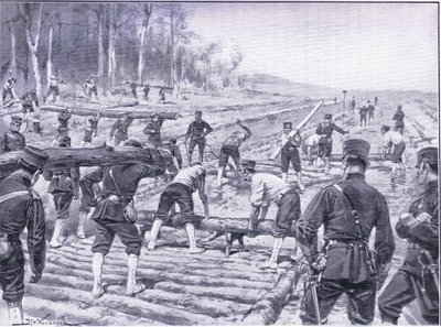 兵士のための材木道を建設する日本人エンジニア、キャッセルズ日露戦争の歴史第1巻、1900年からのイラスト 作： Johannes Hermann Barend Koekkoek