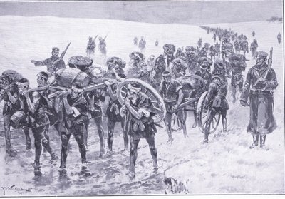 行進中の日本人。パックポニーの代わりの男性、カッセルの日露戦争の歴史Vol 1、c.1900からのイラスト 作： Johannes Hermann Barend Koekkoek