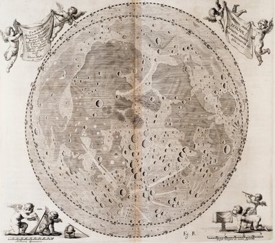 1647年にヨハン・ヘベリウスが描いた最初の月の詳細な地図（ヨハン・ヘベリウス（1611-1687）の天体アトラス『Selenographia sive Lunae descriptio』からのプリント 作： Johannes Hevelius