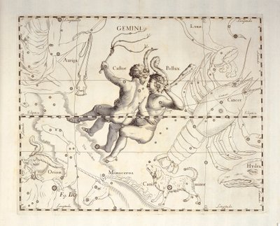 ジェミニのジェミニ星座、天体アトラス Firmamentum Sobiescianum sive Uronographia からの彫刻、Johann Hevelius (1611-1687)、グダニスク作 作： Johannes Hevelius