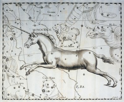 Monoceros, yksisarvisen tähdistö, kaiverrus Firmamentum Sobiescianum sive Uronographiasta taivaallisesta atlasista, Johann Hevelius (1611-1687), Gdansk 作： Johannes Hevelius