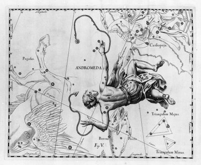 アンドロメデ星座。ヨハネス・ヘベリウス（1611-1687）の「Firmamentum Sobiescanum sive Uranographia」からの図版。 作： Johannes Hevelius