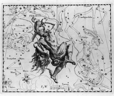 ペルセウス星座。ヨハネス・ヘベリウス（1611-1687）の「Firmamentum Sobiescanum sive Uranographia」からの図版。 作： Johannes Hevelius