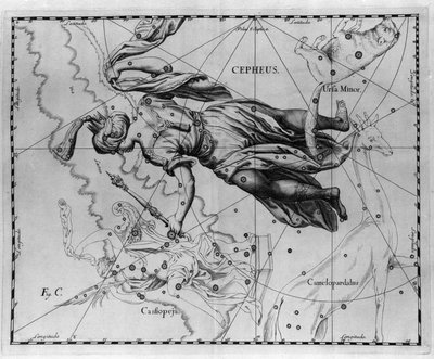 エチオピアの王、ケフェウス（またはケペー）の星座。ヨハネス・ヘベリウス（1611-1687）の「Firmamentum Sobiescanum sive Uranographia」からの図版。 作： Johannes Hevelius