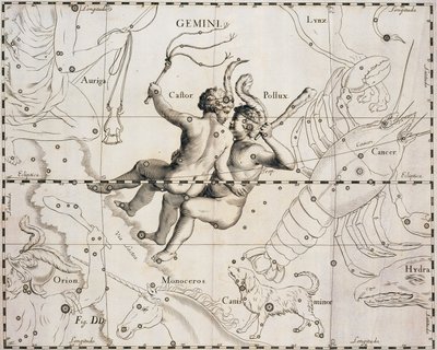 ふたご座（Johann Hevelius（1611-1687）著『Firmamentum Sobiescianum sive Uranographia』の図版、Gdansk 1690年 作： Johannes Hevelius