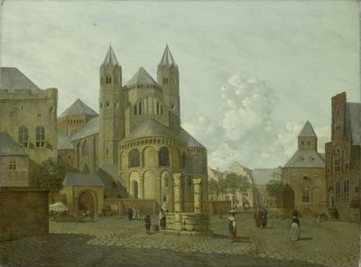 ロマネスク様式の教会のある架空の街並み 作： Johannes Huibert Prins