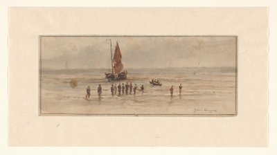 漁師と帆船のビーチ シーン 作： Johannes Huygens (signed by artist)