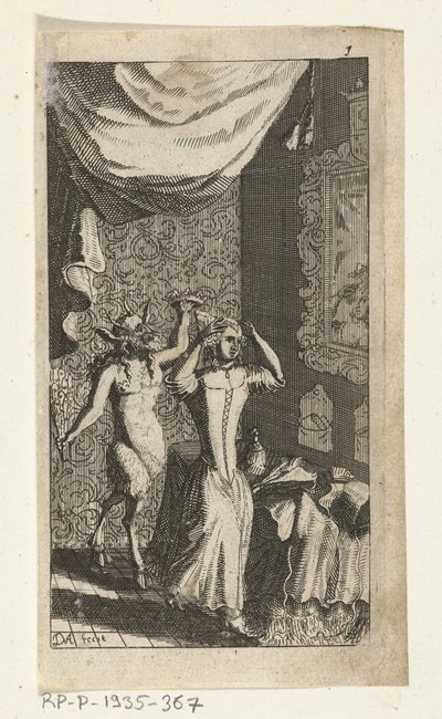 自慢の悪魔 シモン・ド・フリースの本の挿絵、1682年、アムステルダムのヘデンデーグシェ・ディエンストメークデンを支配し仕える七人の悪魔 作： Johannes Jacobsz van den Aveele
