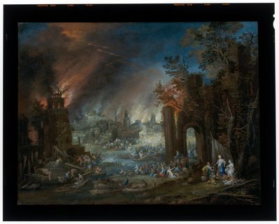 ロトと娘たち、燃えるソドムを背景にした風景 作： Johannes Jakob Hartmann