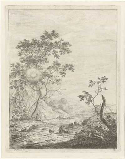 羊飼いと牛のいる山岳風景 作： Johannes Janson