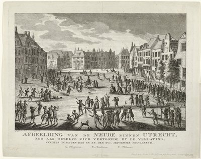 1787年、ユトレヒトのニューデを去る愛国者たち ユトレヒト内のニューデの画像。XV の間の夜、人けのない場所に現れた。 そしてXVI。 9 月 MDCCLXXXVII (オブジェクトのタイトル) 作： Johannes Jelgerhuis