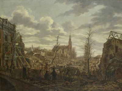 ライデンのラーペンブルク、1807 年 1 月 12 日の火薬船の爆発から 3 日後 作： Johannes Jelgerhuis