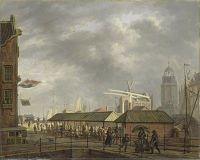 アムステルダムの Brouwersgracht と Singel の角にある小さな魚市場 作： Johannes Jelgerhuis