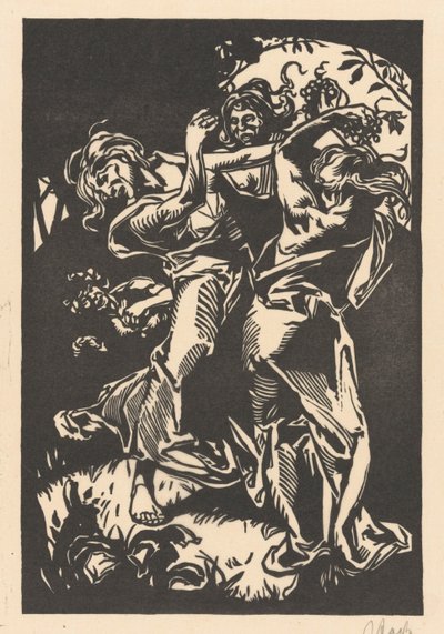 ブドウの房とサテュロスを持って踊る女性 作： Johannes Josephus Aarts (signed by artist)