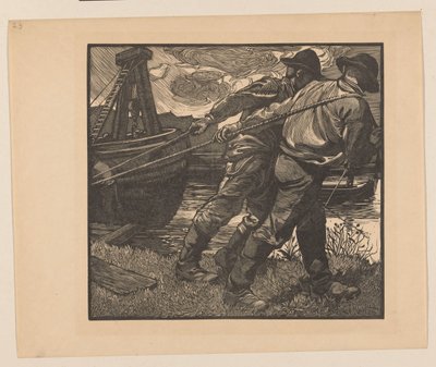 海岸でロープを持つ労働者 作： Johannes Josephus Aarts