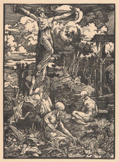 丘陵風景の中で十字架につけられた男 作： Johannes Josephus Aarts
