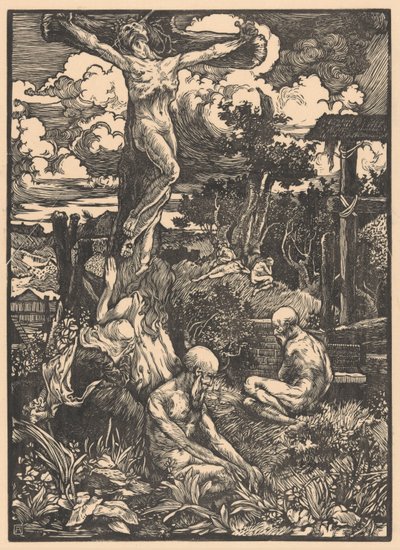丘陵の風景の中で十字架につけられた男 作： Johannes Josephus Aarts