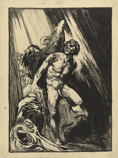 小川のそばの岩だらけの風景の中、光を見上げるルシファー 作： Johannes Josephus Aarts