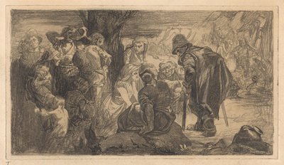 木のそばの男性、女性、子供たち 作： Johannes Josephus Aarts