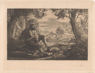 丘陵の風景に座っている男 作： Johannes Josephus Aarts