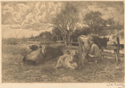 牛のいる風景 作： Johannes Karel Leurs (signed by artist)