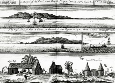 1732年に出版された、オーラシャムとジョンチャーチルの「航海と旅行のコレクション」のvol.5のイラストである、シエラリオナ湾の道路の展望 作： Johannes Kip