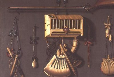 銃、パウダーホーン、檻に入れられた鳥、狩猟用具の静物画 作： Johannes Leemans