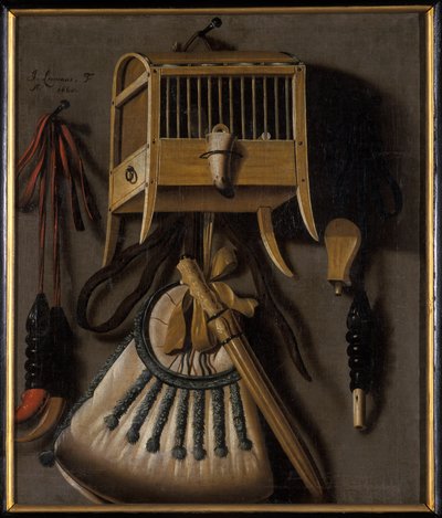 鳥の捕獲装置のある静物、1660 作： Johannes Leemans
