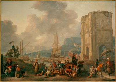 コンスタンティヌスのアーチがあるイタリアの港のカプリチオ 作： Johannes Lingelbach