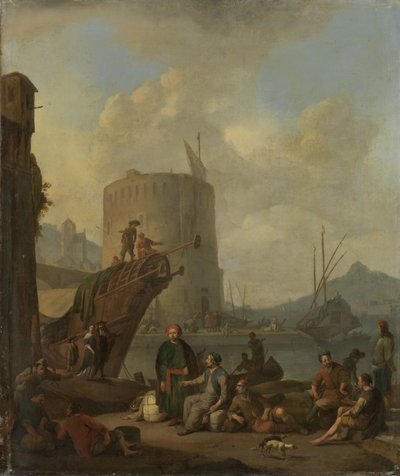 要塞化された塔のあるイタリアの港 作： Johannes Lingelbach