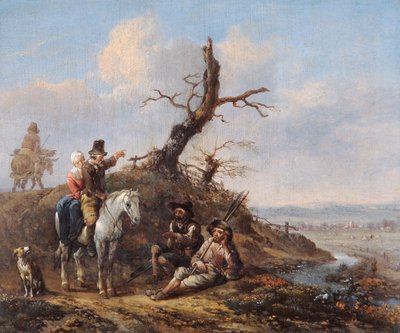 旅行者が休んでいる風景と馬に乗ったカップル（オークパネルに油彩） 作： Johannes Lingelbach