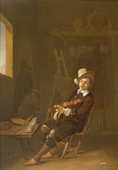 バイオリンを弾くアーティストの自画像 作： Johannes Lingelbach