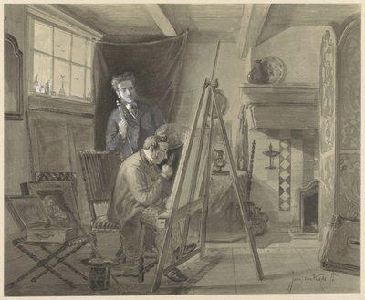 ヨハネス・マリウス・ヴァン・ケイトの自画像、訪問者と一緒にアトリエに立つ 作： Johannes Marius ten Kate