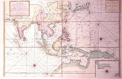 インド北西部から日本、フィリピンを経てオーストラリア北部までの海岸線図、1700年頃（彩色画） 作： Johannes and Mortier Cornelis Covens