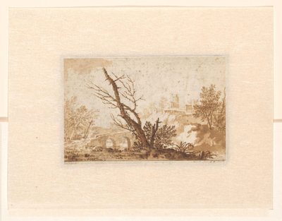 木、橋、建物のあるイタリアの風景 作： Johannes Petrus van Horstok
