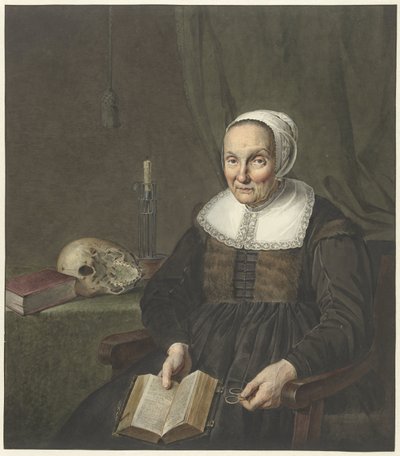 開いた本で座っている老婆の肖像画 作： Johannes Pieter de Frey