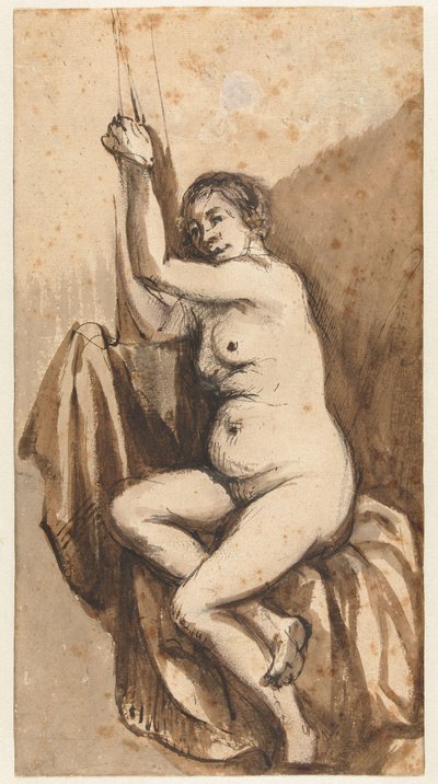 腕を上げて座っている女性の裸体 作： Johannes Raven (attributed to)