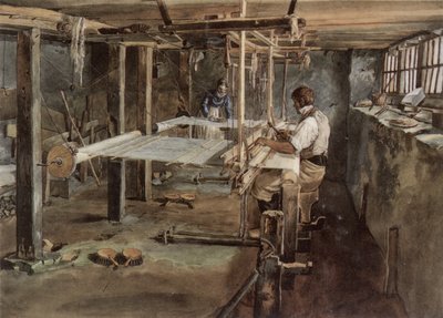 手織機で作業するアッペンツェルの織り手夫婦（1830年頃 作： Johannes Schiess