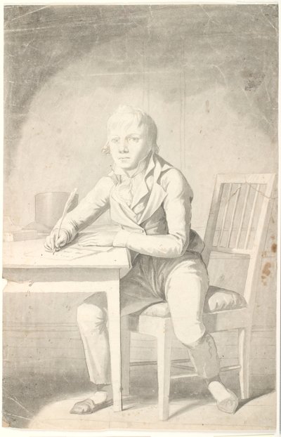 テーブルに座って若い執筆少年 作： Johannes Senn