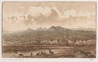 鹿のいる山の風景 作： Johannes Tavenraat (signed by artist)