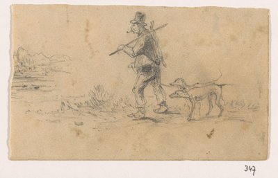 犬と背中にウサギを持つハンター 作： Johannes Tavenraat (signed by artist)
