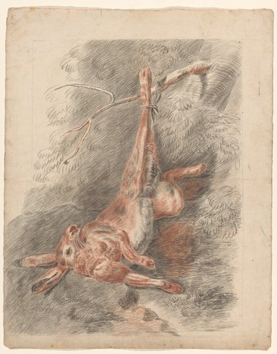 足でぶら下がっている死んだウサギ 作： Johannes Tavenraat