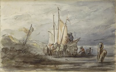 帆船の近くの海岸の馬と馬車 作： Johannes Tavenraat