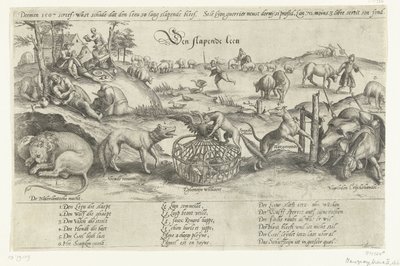 眠っているライオン、1567 スリーピング ライオン (オブジェクトのタイトル) 1576 年から 1579 年までのオランダの出来事に関する 4 つの寓話 (シリーズ タイトル) 作： ヴィレム・ファン・ヘクト（I）