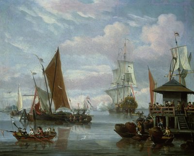 ボートと漁師の河口シーン 作： Johannes de Blaauw